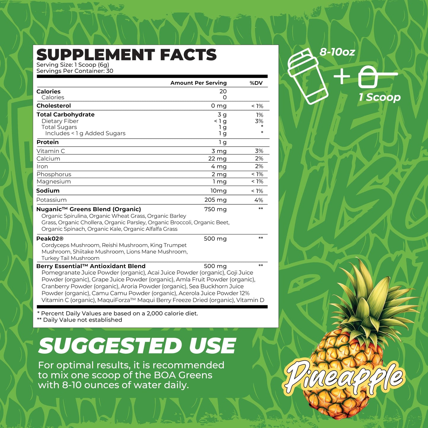 BOA Greens Powder Pineapple Organic Superfood Supplement with Fruits & Veggie Blend, Antioxidant & Mushroom Blends - Supports Digestive Health, Gluten Free Non-GMO Vegan, Powder, 6.3 Ounce