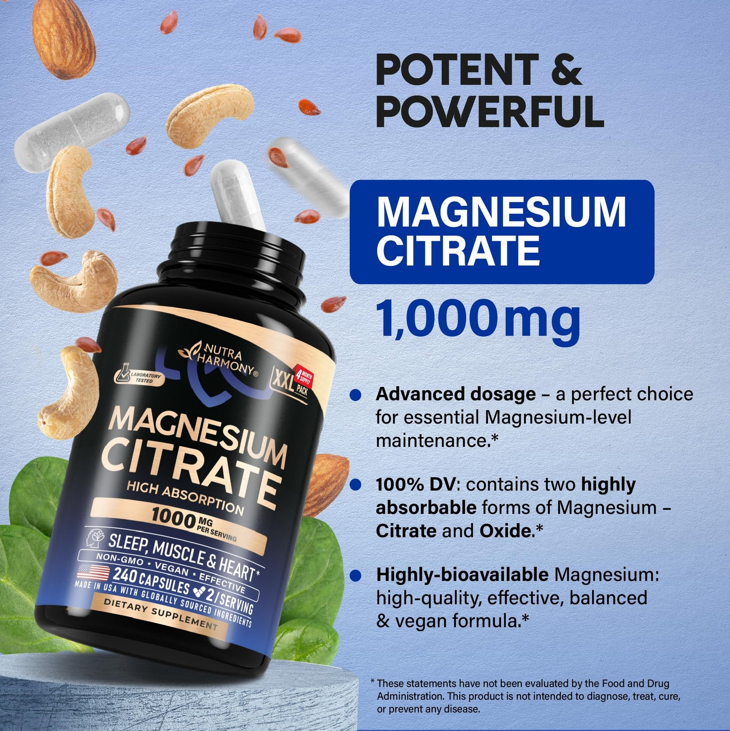 NutraHarmony Magnesium Citrate Capsules 1000mg, 240 Capsules