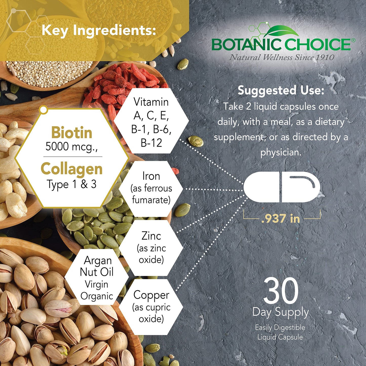 Botanic Choice Biotin Hair Skin and Nails Vitamins Capsules 60 Count