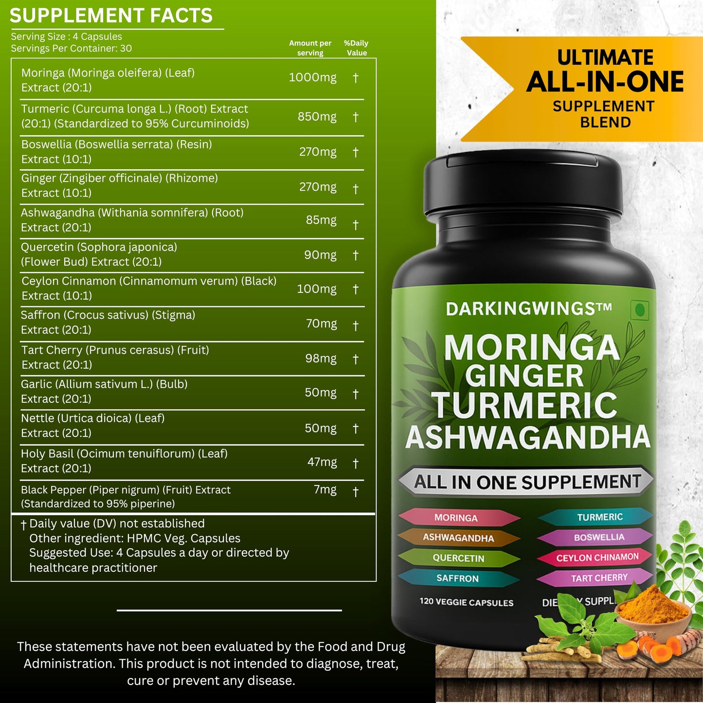 Darkingwings Turmeric Curcumin Moringa Ginger Boswellia Saffron Joint Support Capsule, 120 Count