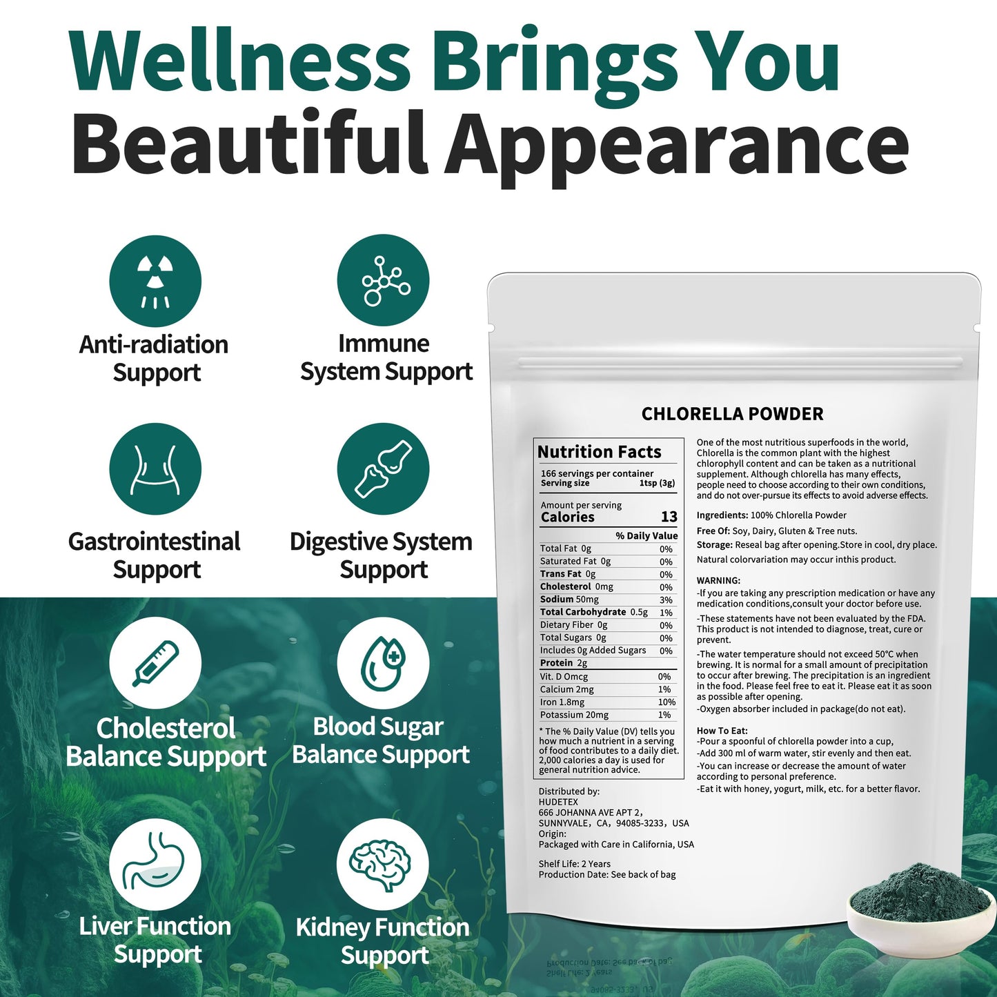 Hudetex Chlorella Powder Natural 18 Ounce