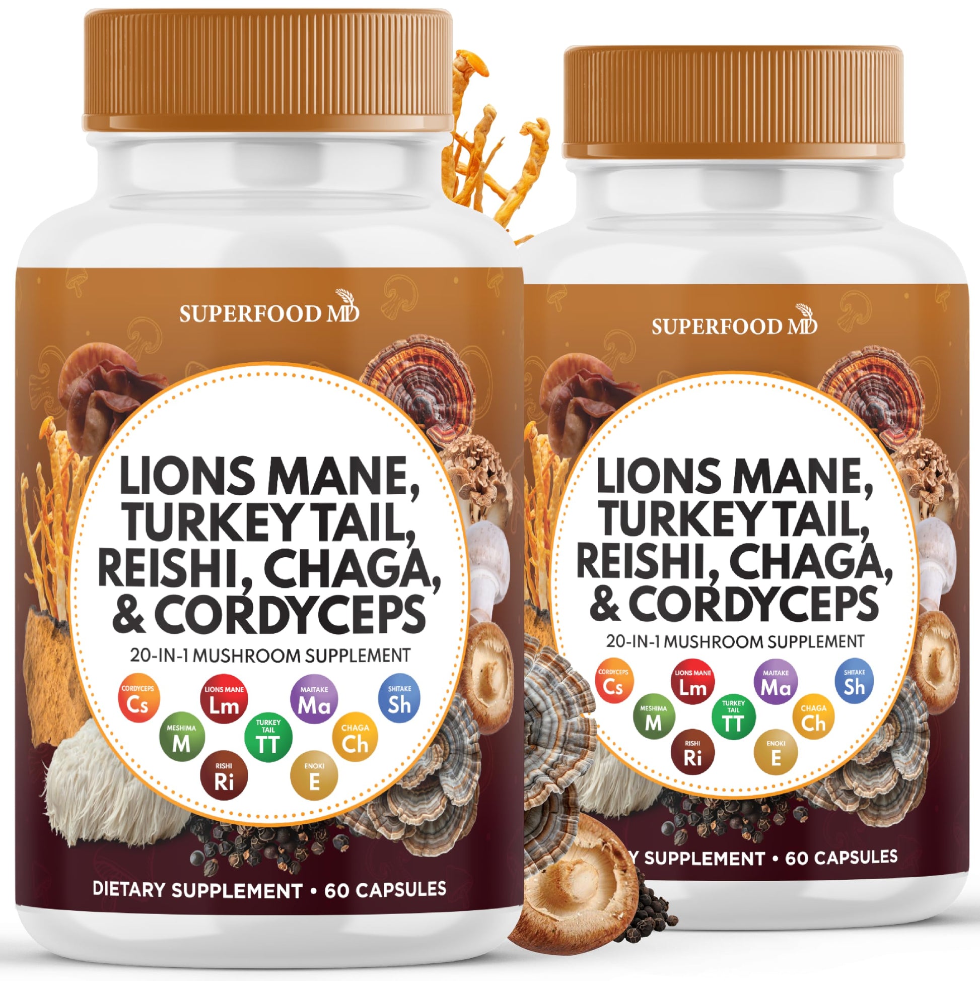 Superfood MD Lions Mane Mushroom Supplement with Turkey Tail Reishi Cordyceps Chaga with Marshmallow Root Capsules, 120 Count
