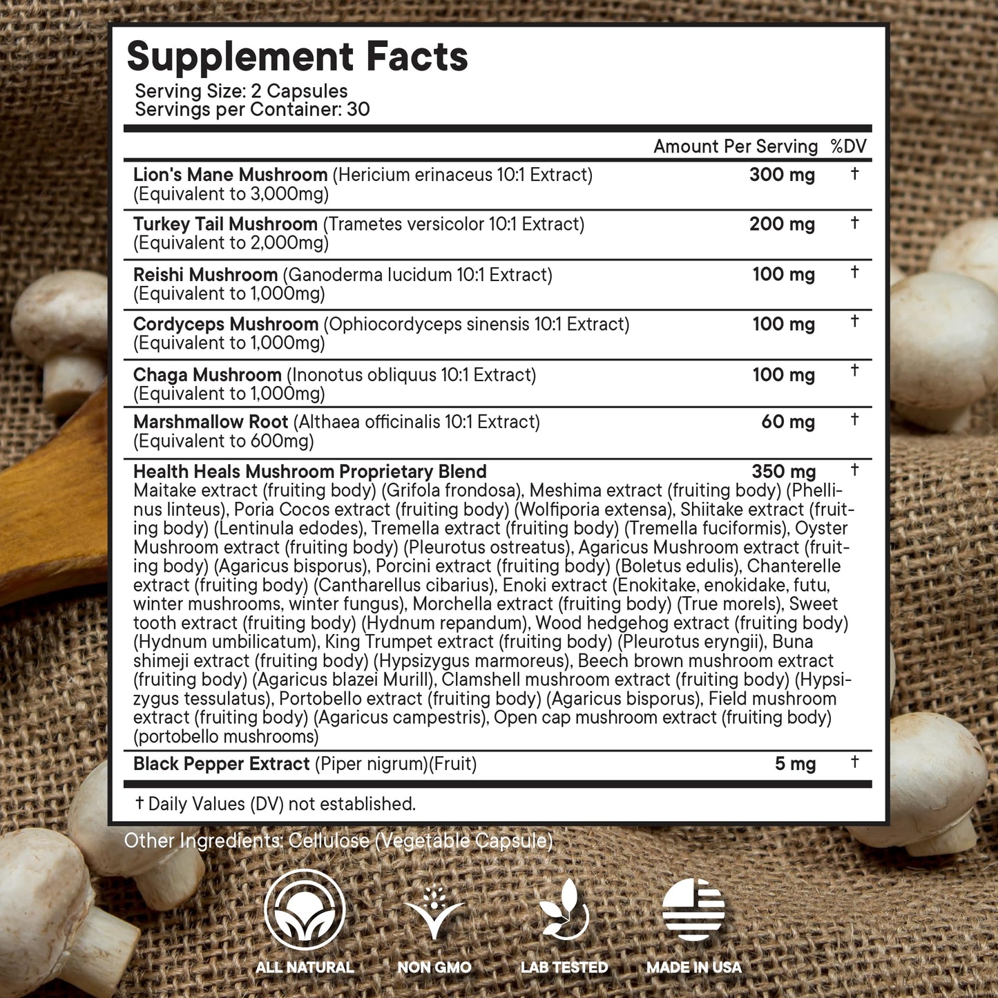 Health Heals Mushroom Supplement with Lion's Mane, Turkey Tail, Reishi, Cordyceps, Chaga, Marshmallow Root Capsules, 120 Count