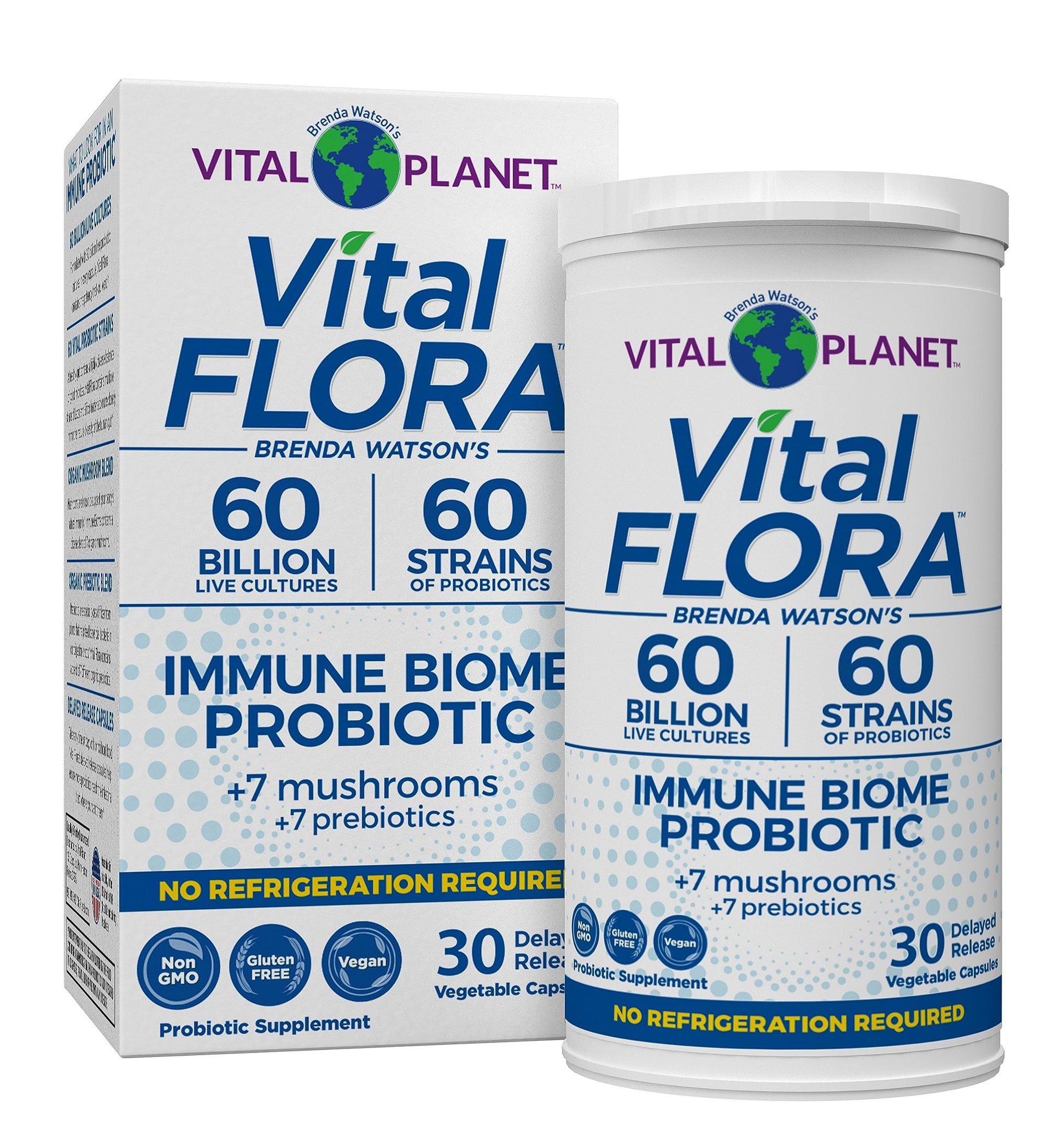 Vital Planet Vital Flora Immune Support Probiotic Capsules, 60 Billion CFU, 60 Strains, 7 Organic Mushroom Blend with Prebiotics, Shelf Stable, 30 Capsules