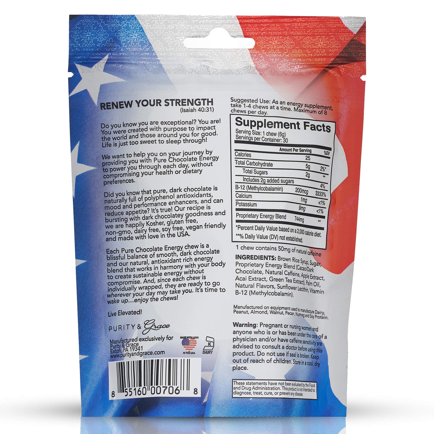 Purity & Grace Pure Chocolate Energy Chews with Caffeine - Dark Chocolate, Chocolate Chews, 30 Count