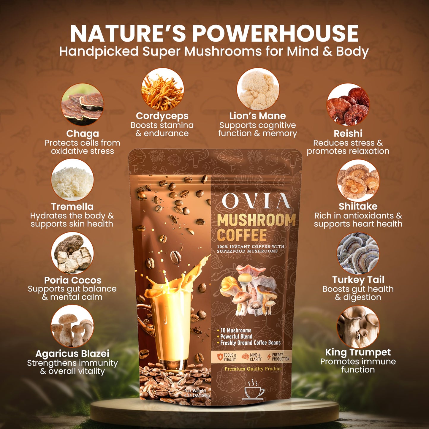 OVIA Ten Mushroom Coffee Powder, 6.35 Ounce - Low Caffeine Adaptogenic Instant Coffee with Lion’s Mane & Chaga