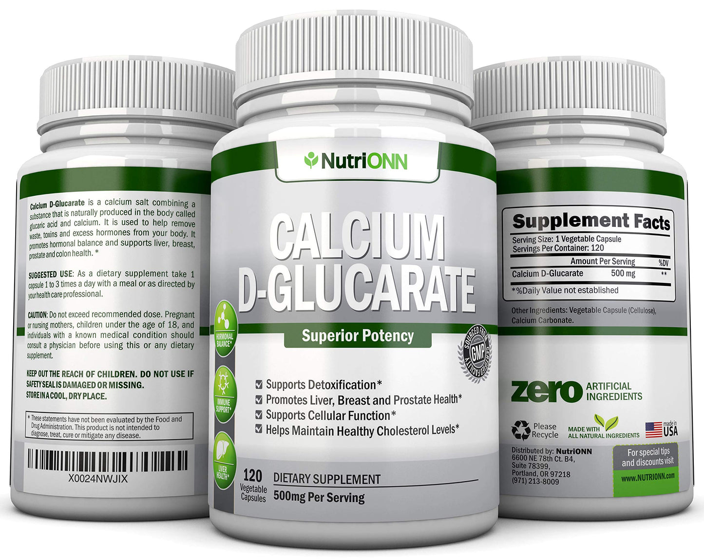 NutriONN Calcium D-Glucarate 500mg Capsules, 120 Count