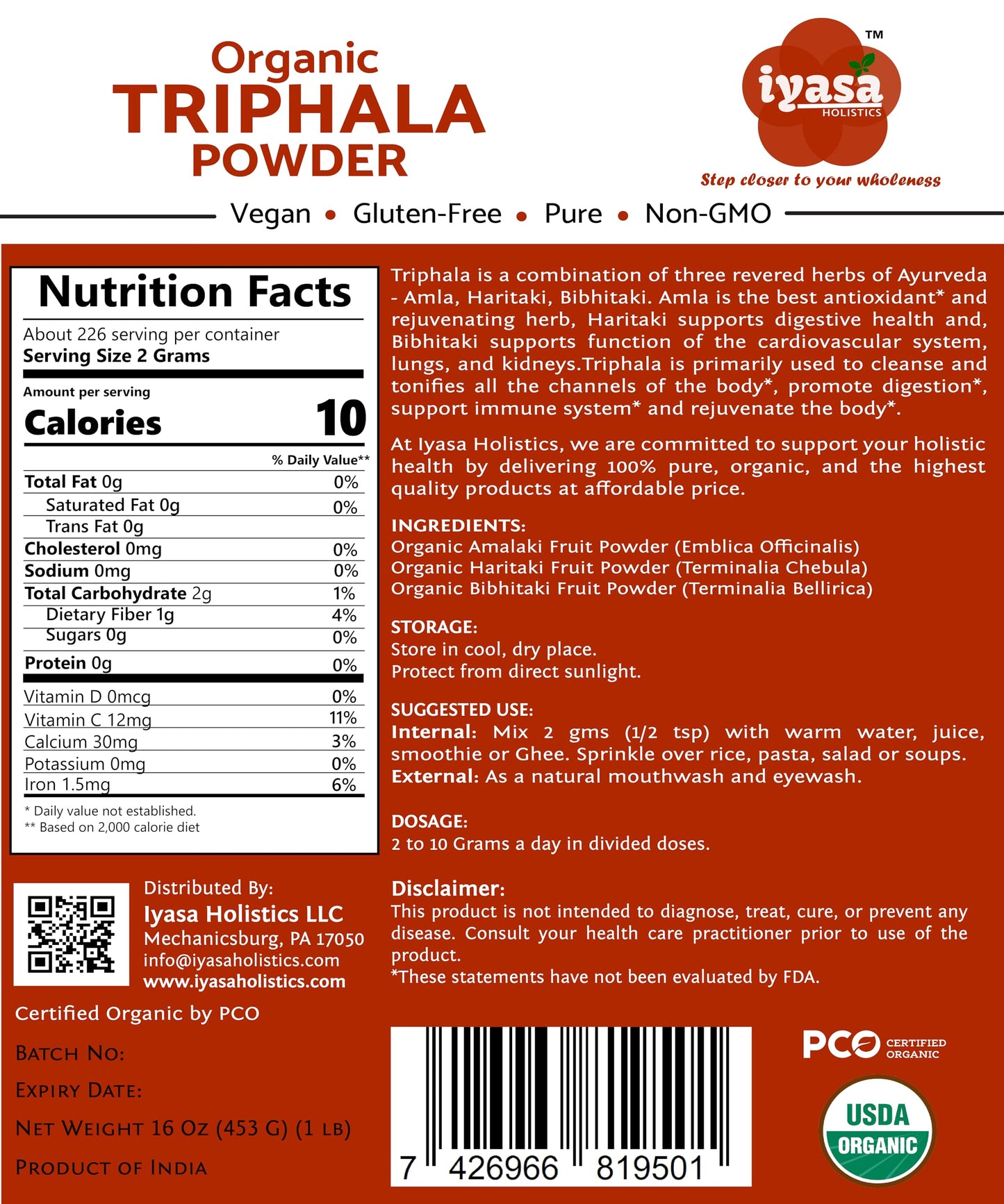 Iyasa Holistics Organic Triphala Powder 16 Ounce