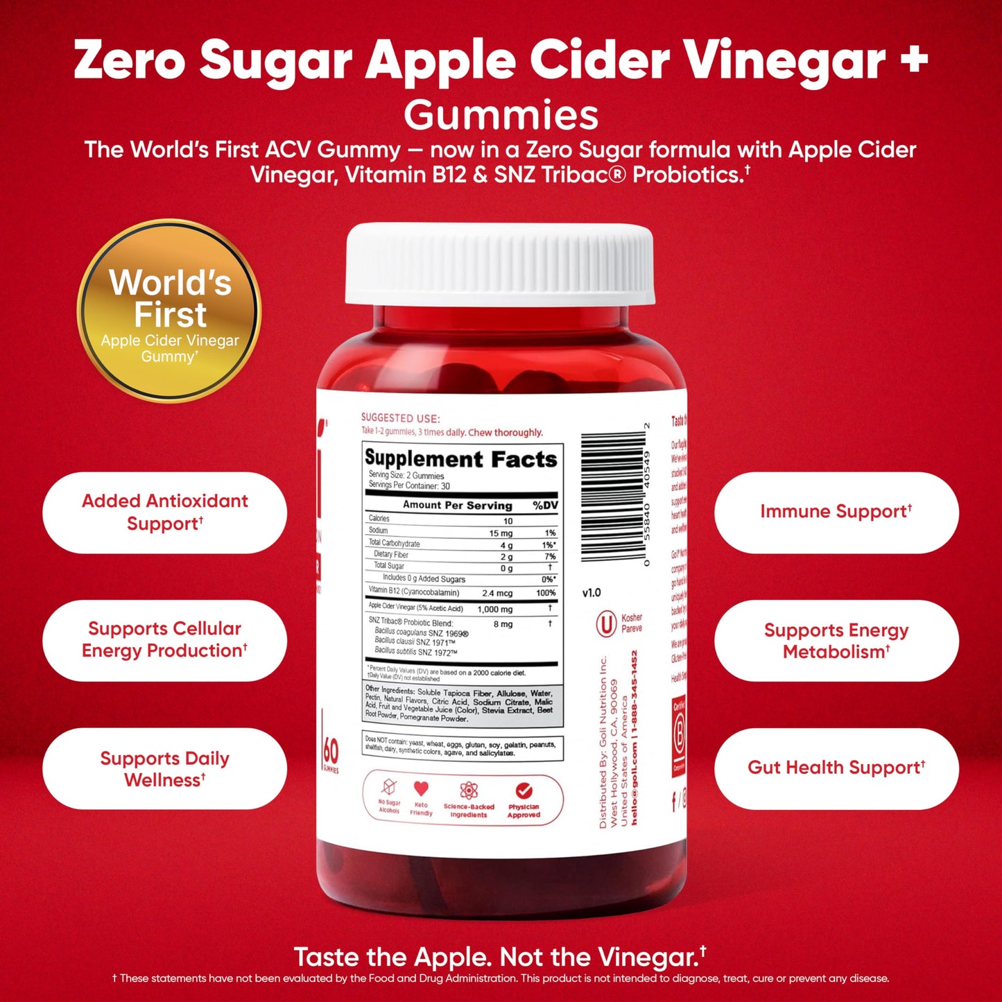 Goli Zero Sugar 6 Pack Bundle Apple Cider Vinegar Gummies with Vitamin B12, Probiotics, Vitamin D, Ashwagandha & L-Theanine, 360 Count