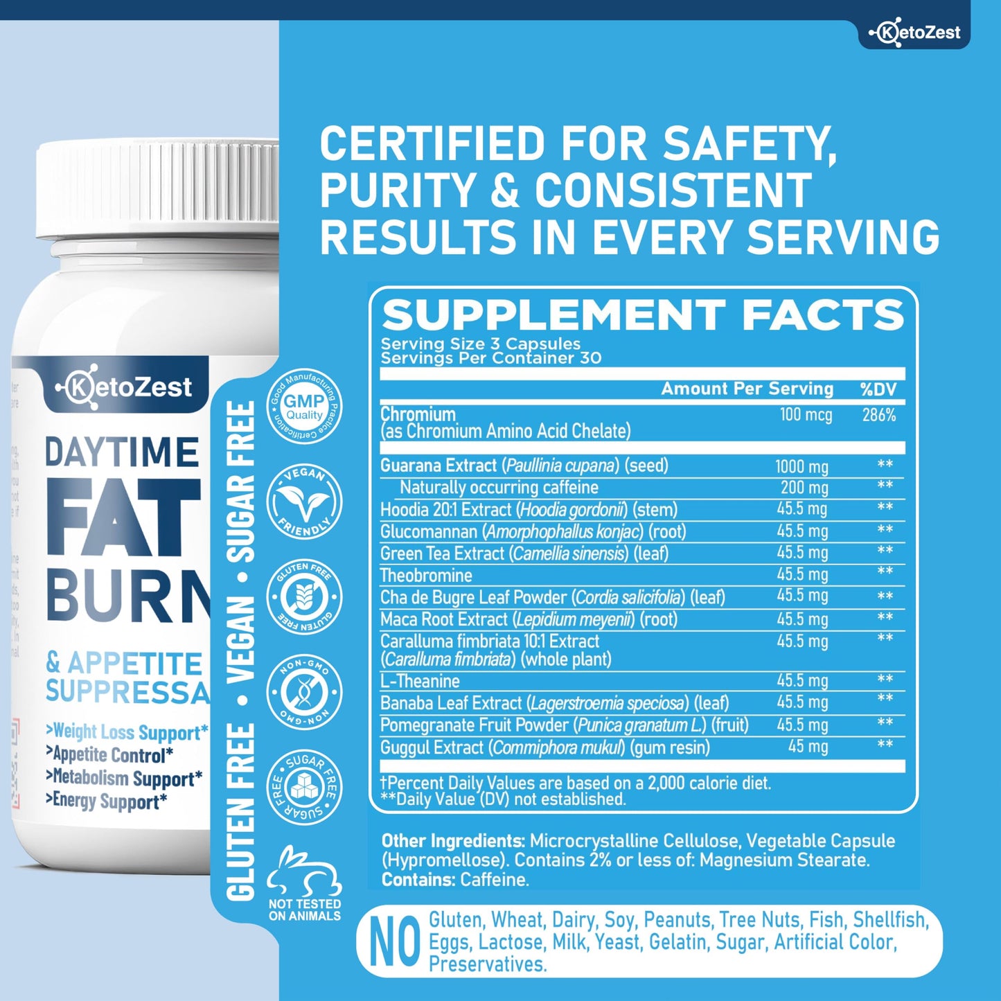 KetoZest Appetite Suppressant Fat Burner for Weight Loss - Daytime 180 Capsules