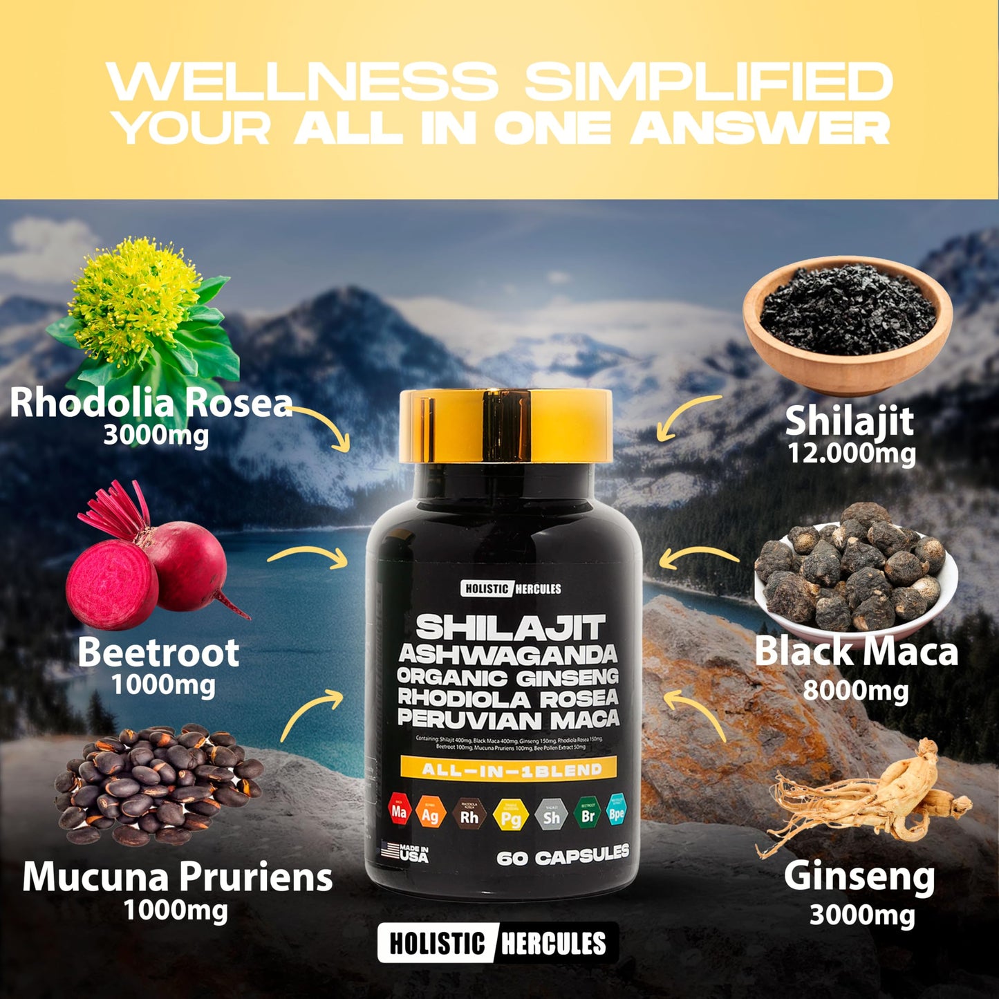 Holistic Hercules Rhino Horn Vitality Boost 8-in-1 Potent Shilajit Blend Capsule 30 Count