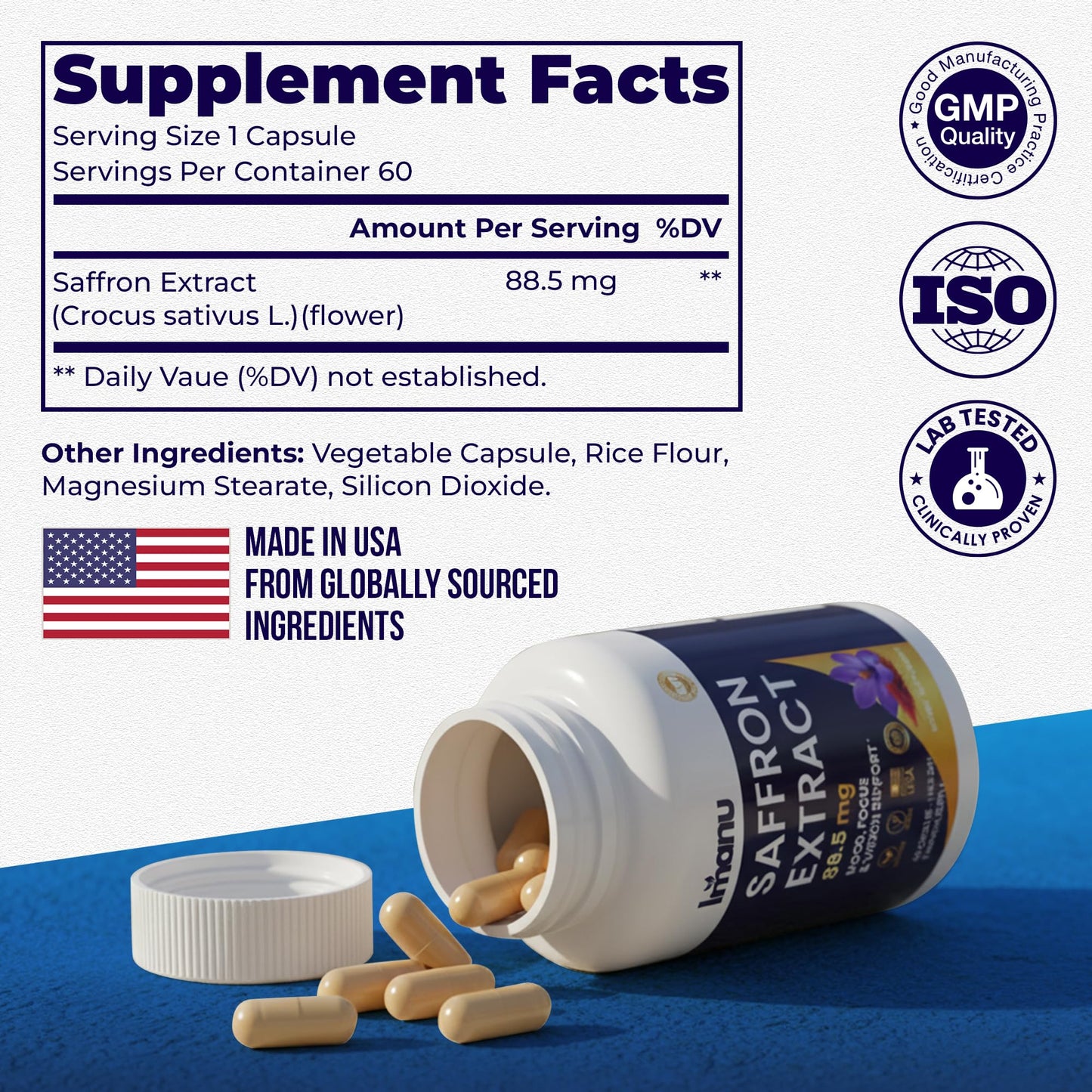 Imanu Saffron Extract 88.5mg Mood and Cognitive Support for Women, Capsules, 60 Capsules