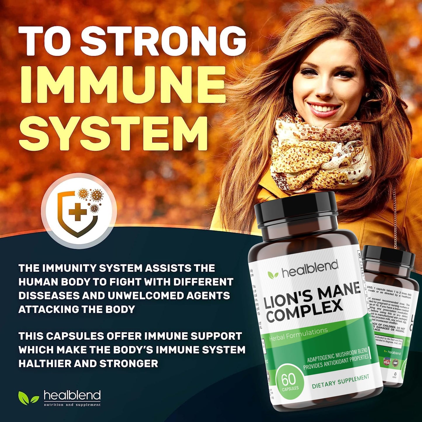 Healblend Mushroom Complex Extract with Lion's Mane Fruiting Body Capsules, 60 Count