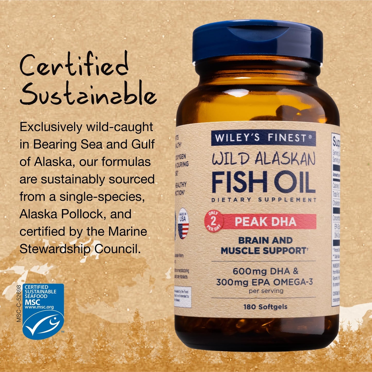 Wiley's Finest Wild Alaskan Fish Oil Peak DHA - 900mg EPA and DHA Omega-3s Softgels, 180 Softgels
