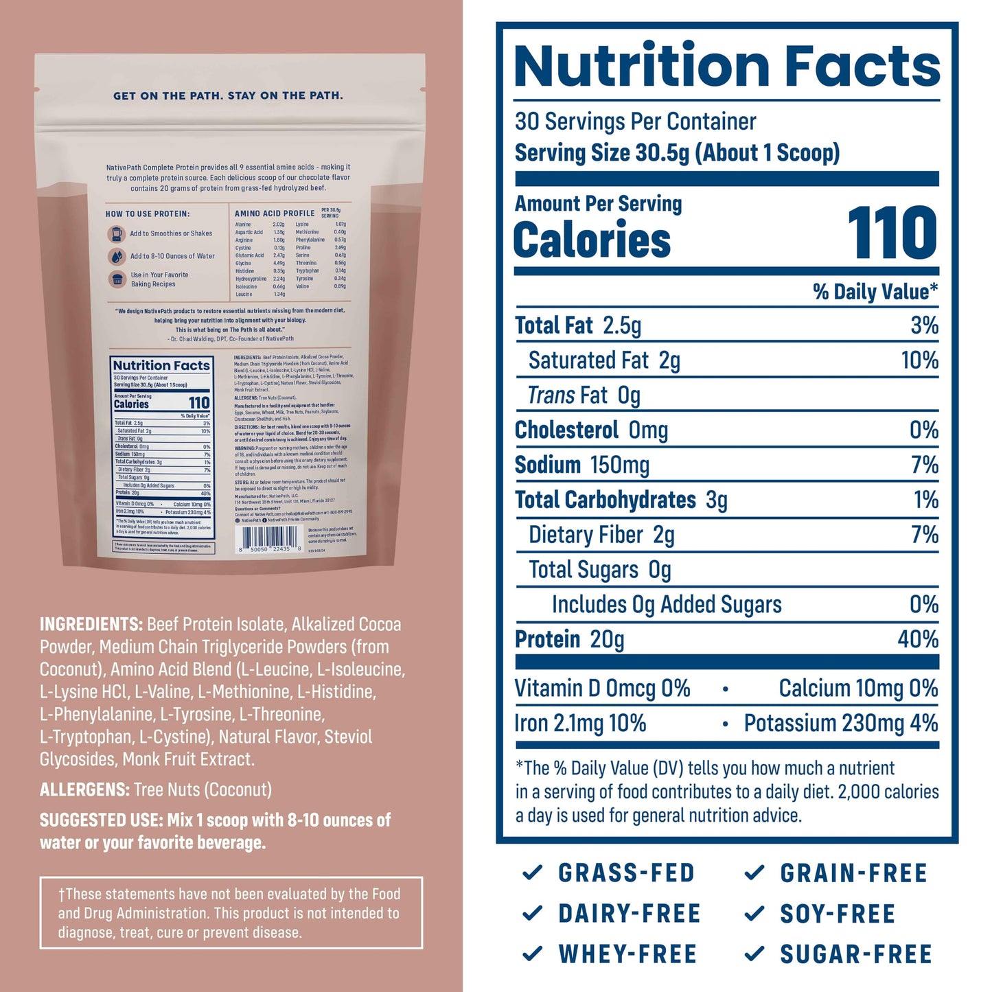 NativePath Complete Protein Powder, Chocolate, 20g Grass-Fed Beef, 30 Servings