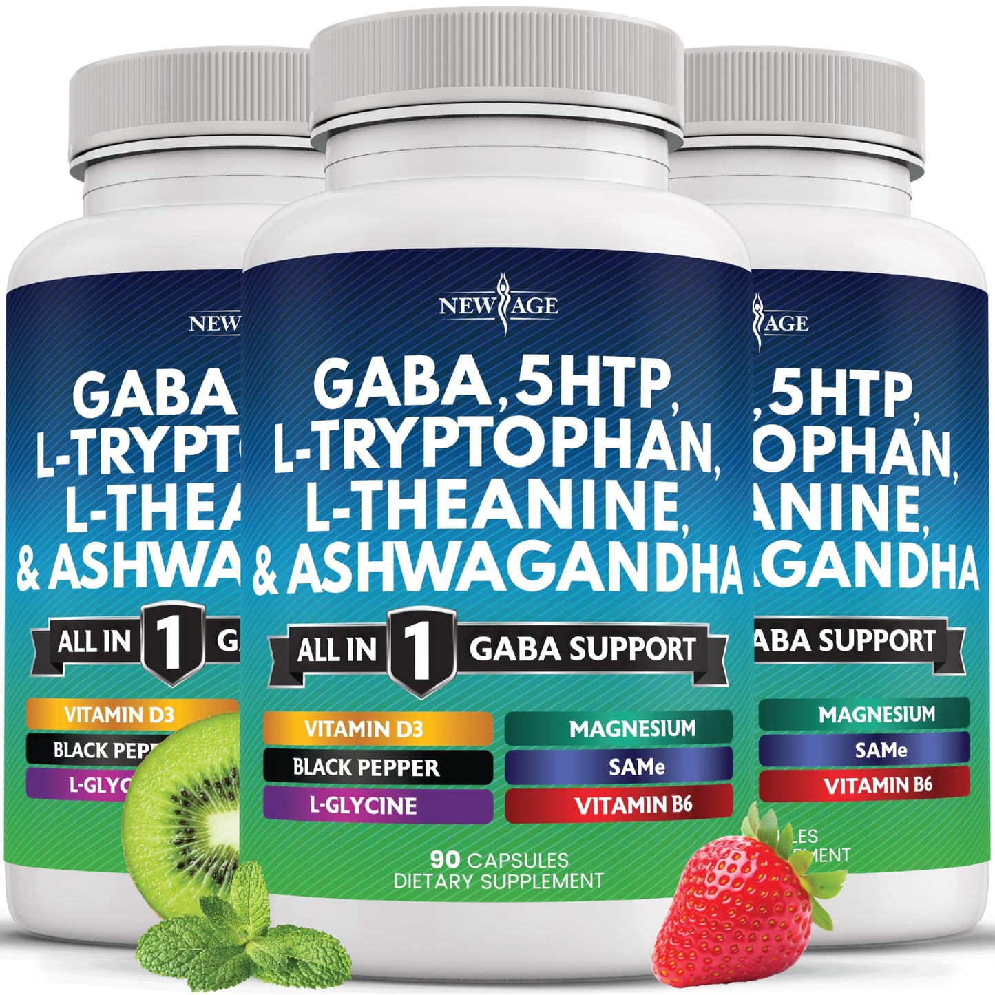 New Age GABA 750mg, 5-HTP 200mg, L-Tryptophan 500mg, L-Theanine 200mg, Ashwagandha, SAM-e, L-Glycine Capsules - 270 Count