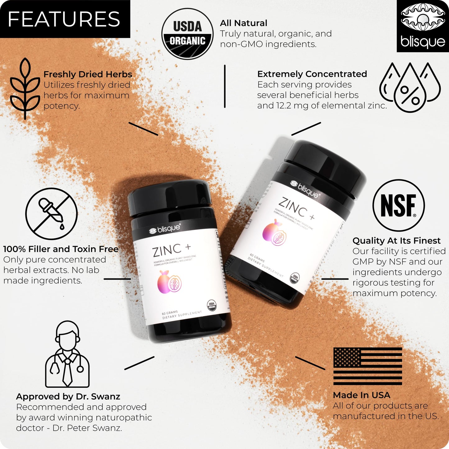 Blisque Organic Zinc Supplement Sourced from Guava Leaf Powder, 2.12 oz