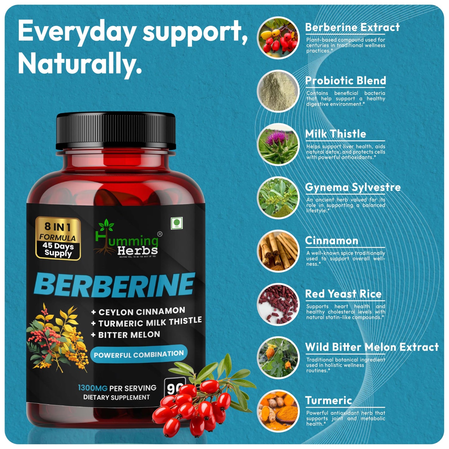 Humming Herbs Berberine HCl 500 mg per Serving with Ceylon Cinnamon, Turmeric, Milk Thistle, Bitter Melon, Gymnema, Red Yeast Rice & Probiotics 90 Capsules