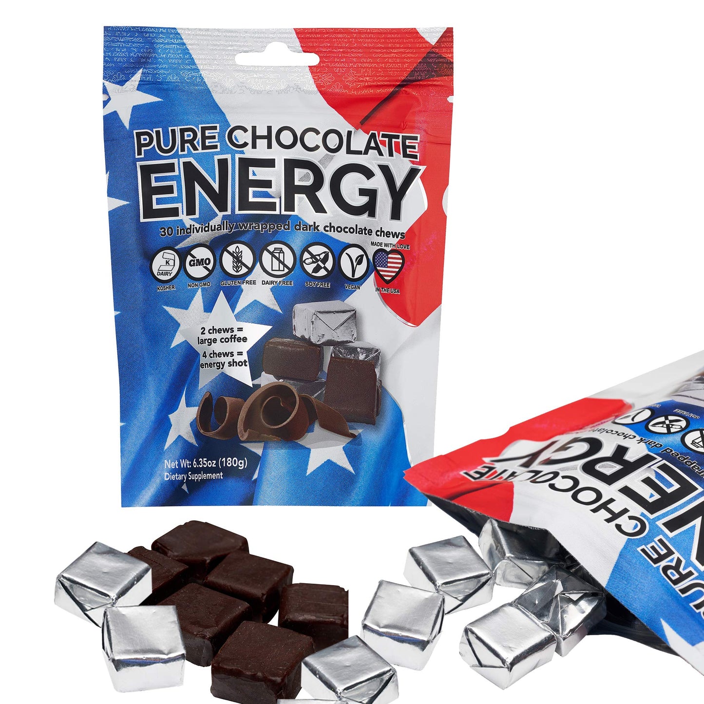 Purity & Grace Pure Chocolate Energy Chews with Caffeine - Dark Chocolate, Chocolate Chews, 30 Count