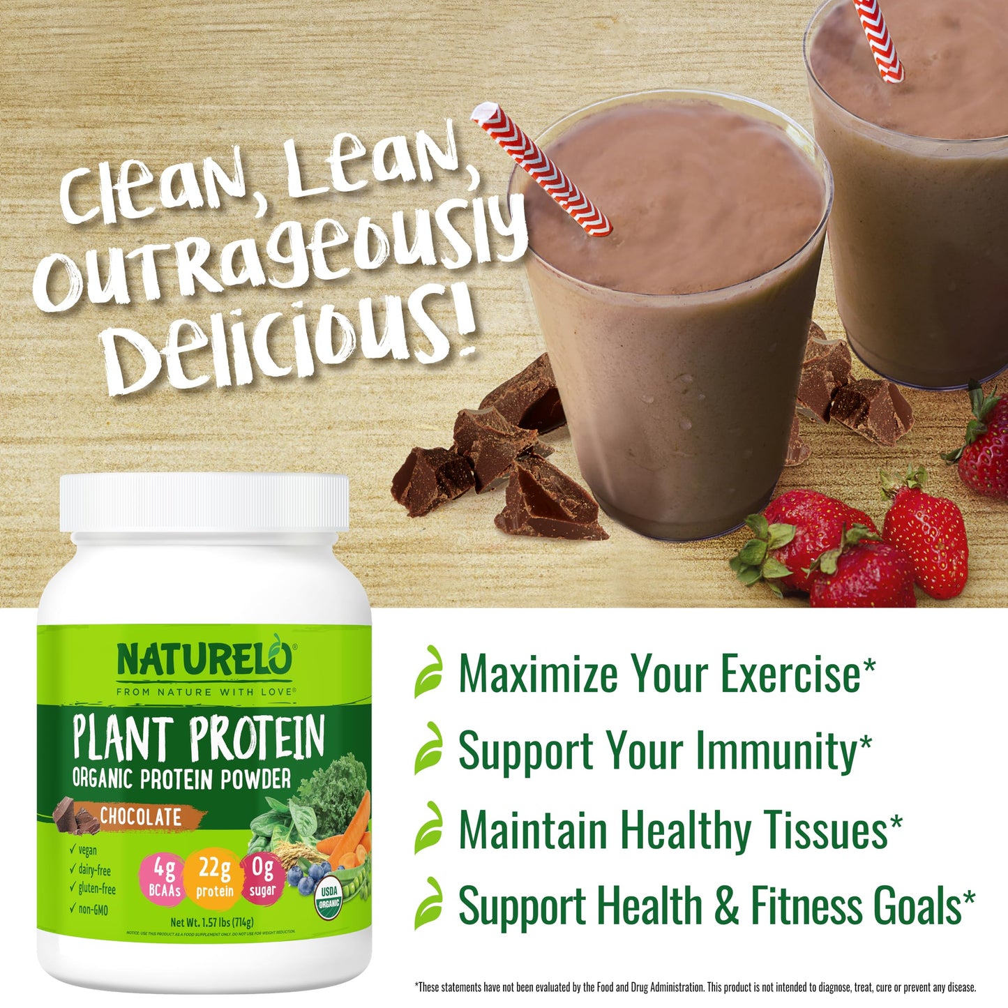 NATURELO Plant Protein Powder, Chocolate, 22g Protein per Serving, 20 Servings