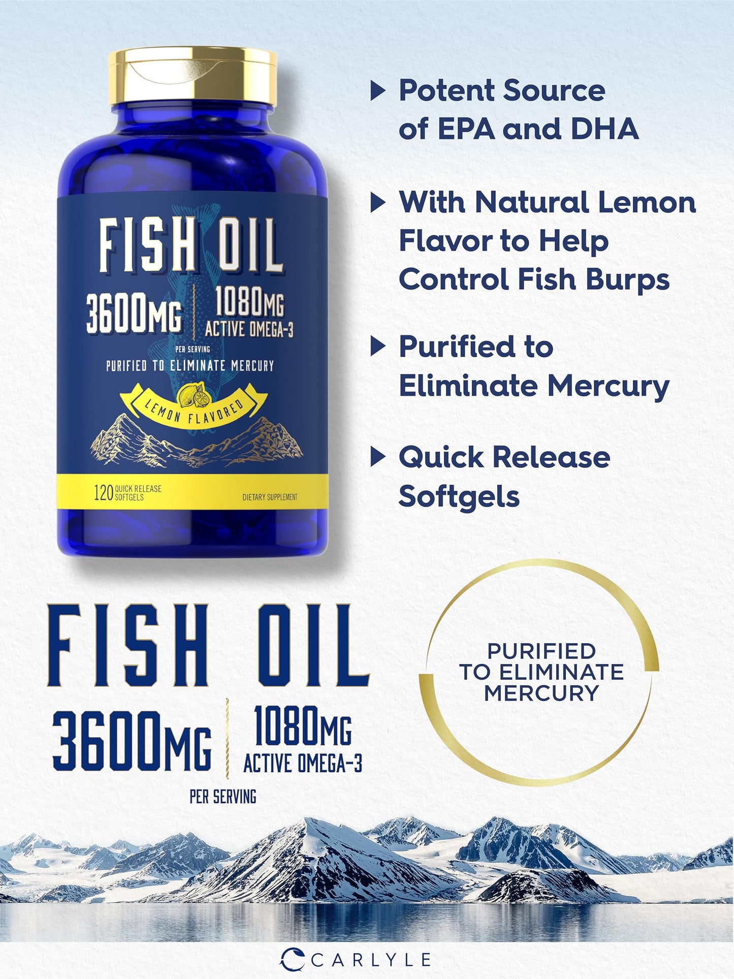 Carlyle Fish Oil 3600mg | 1080mg Omega-3 Softgels, 120 Count