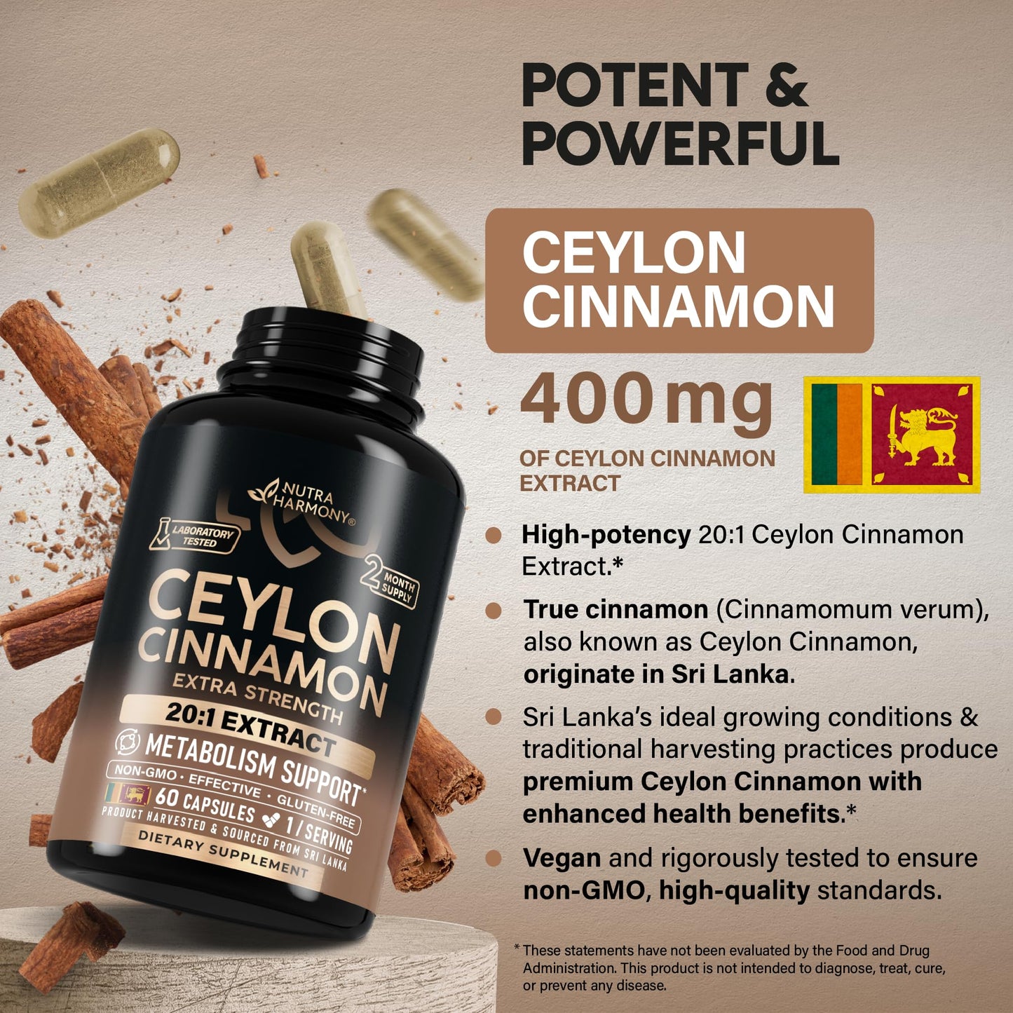 NUTRAHARMONY Ceylon Cinnamon Capsules 60 Count