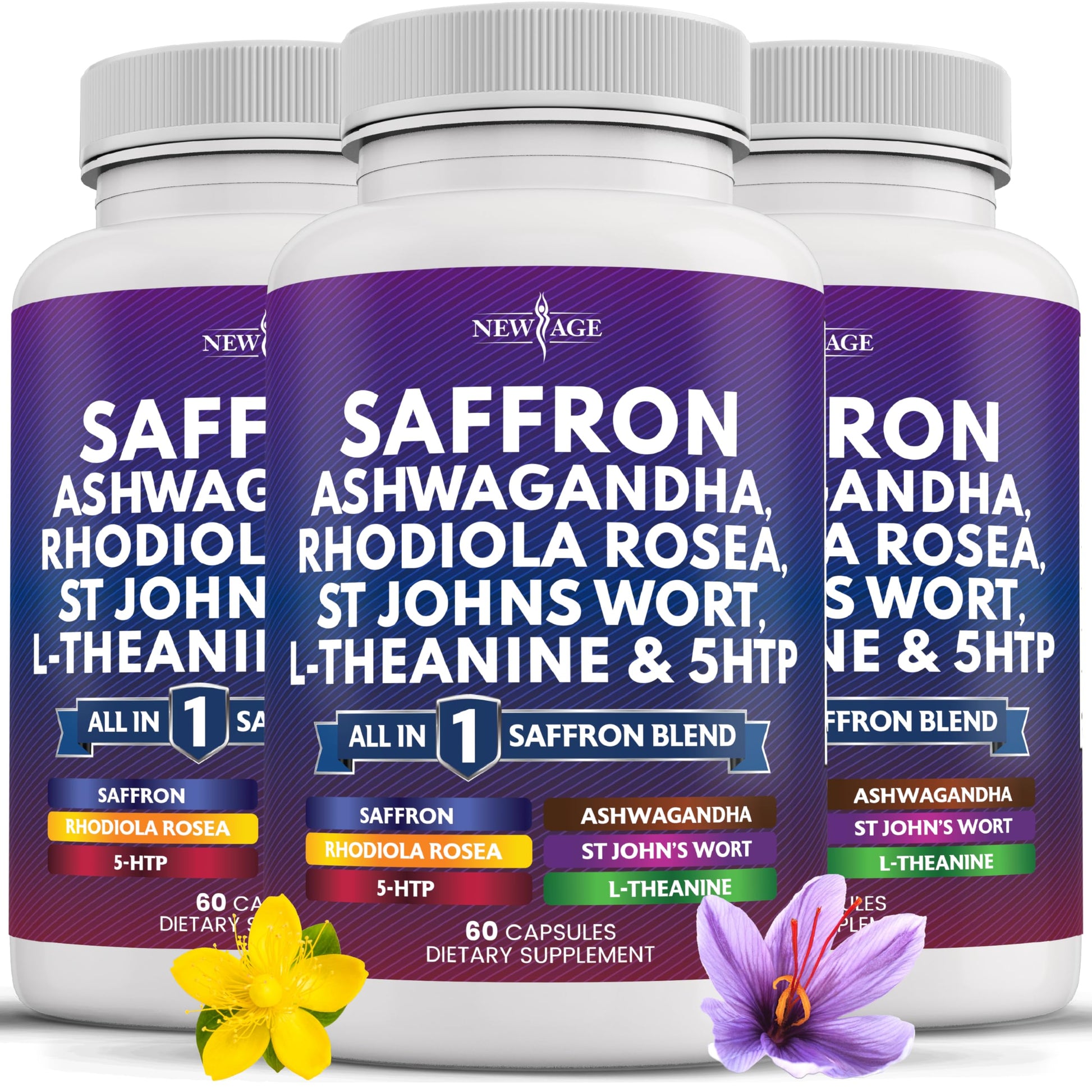 NEW AGE Saffron Supplements with Ashwagandha - L-Theanine, Ginkgo Biloba, St. John's Wort, Rhodiola Rosea & 5-HTP Capsules 180 Count