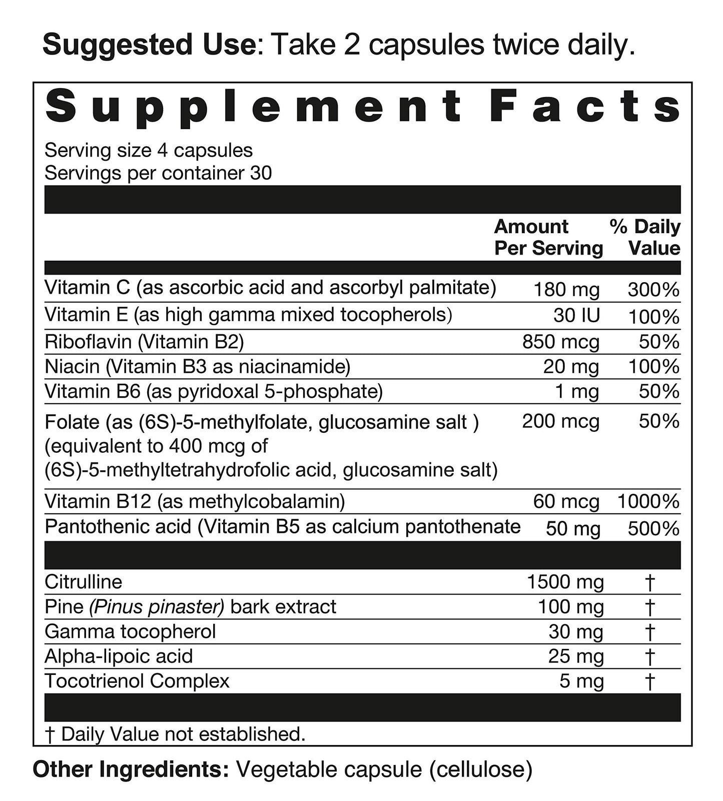 NutriCrafters Citruline Cofactors - Nitric Oxide Boosting Formula for Healthy Blood Flow, 120 Capsules