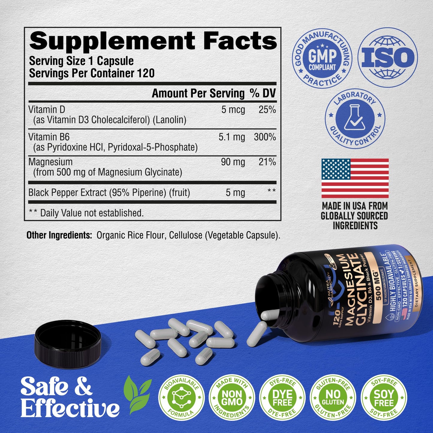 NUTRAHARMONY Magnesium Glycinate 500 mg Capsule, 120 Count