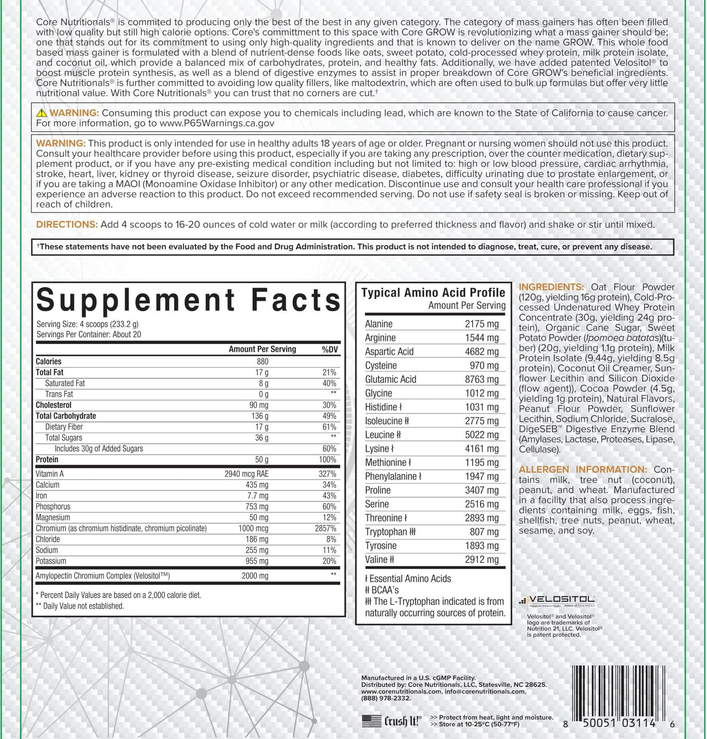 Core Nutritionals Grow Mass Gainer Powder 160 Servings