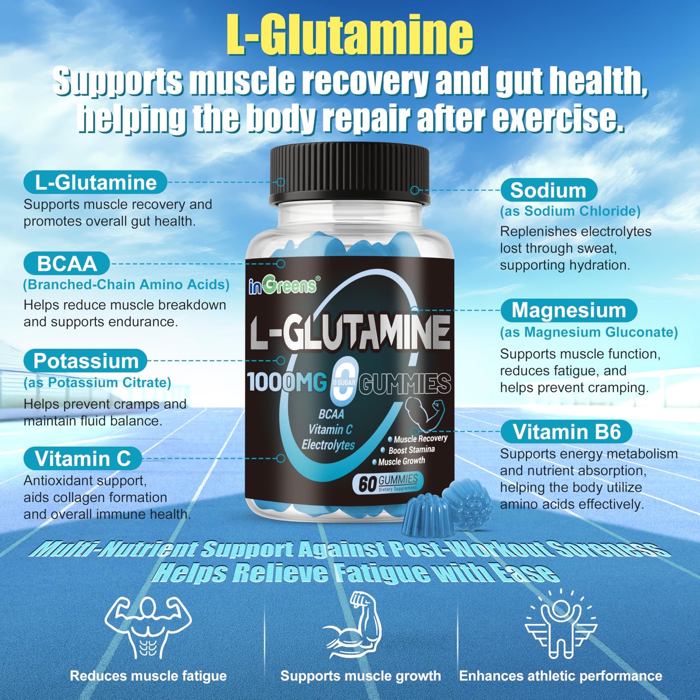 inGreens L-Glutamine Gummies 1000mg, 60 Count
