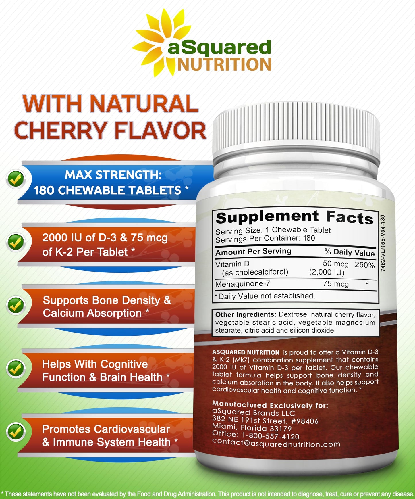 aSquared Nutrition Vitamin D3 with K2 Tablets 180 Count