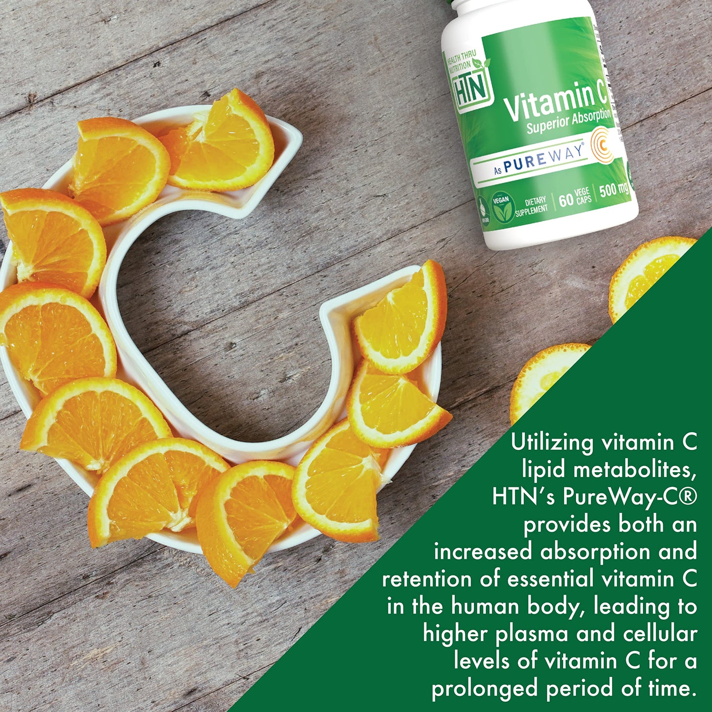 Health Thru Nutrition Vitamin-C 500mg PureWay-C High Absorption Capsules, 60 Count