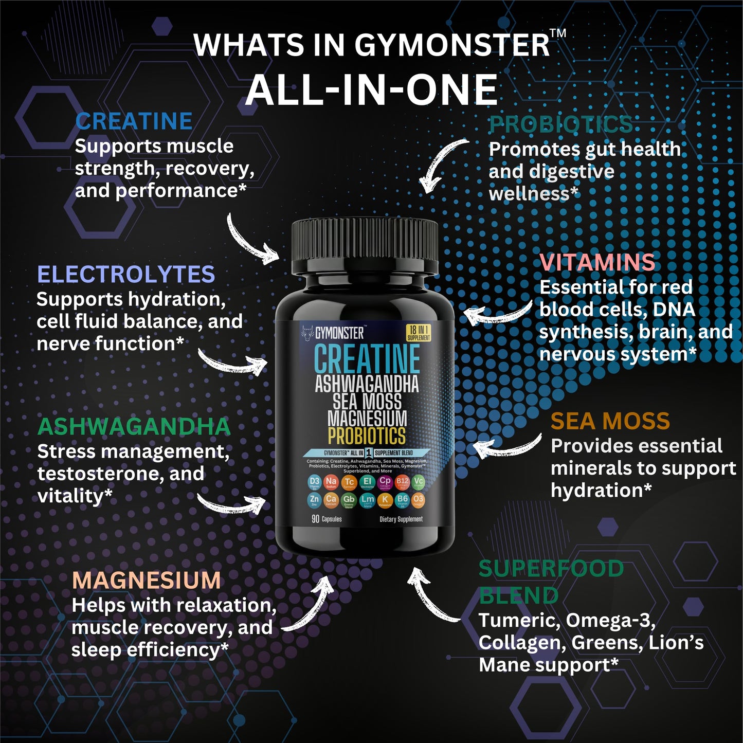 Gymonster Creatine All in One Supplement Capsules, 90 Count