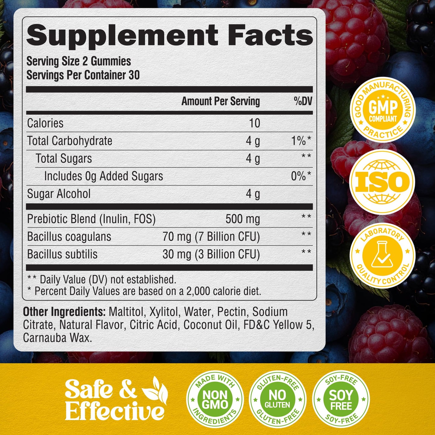 NutraHarmony Probiotic Gummies 10B CFU with Prebiotic Fiber for Digestion & Immune Support, Natural Berry Flavor, Vegan & Sugar-free, 60 Gummies