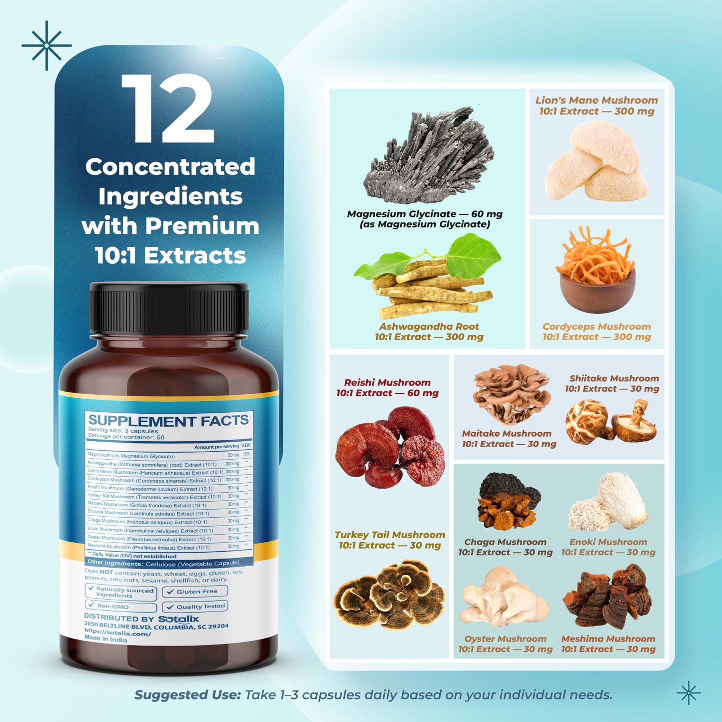 Sotalix Supplement Cortisol Health Supplement with Magnesium, Ashwagandha, Lion’s Mane & 10 Mushroom Complex – Relaxation, Focus & Energy Support Capsules 150