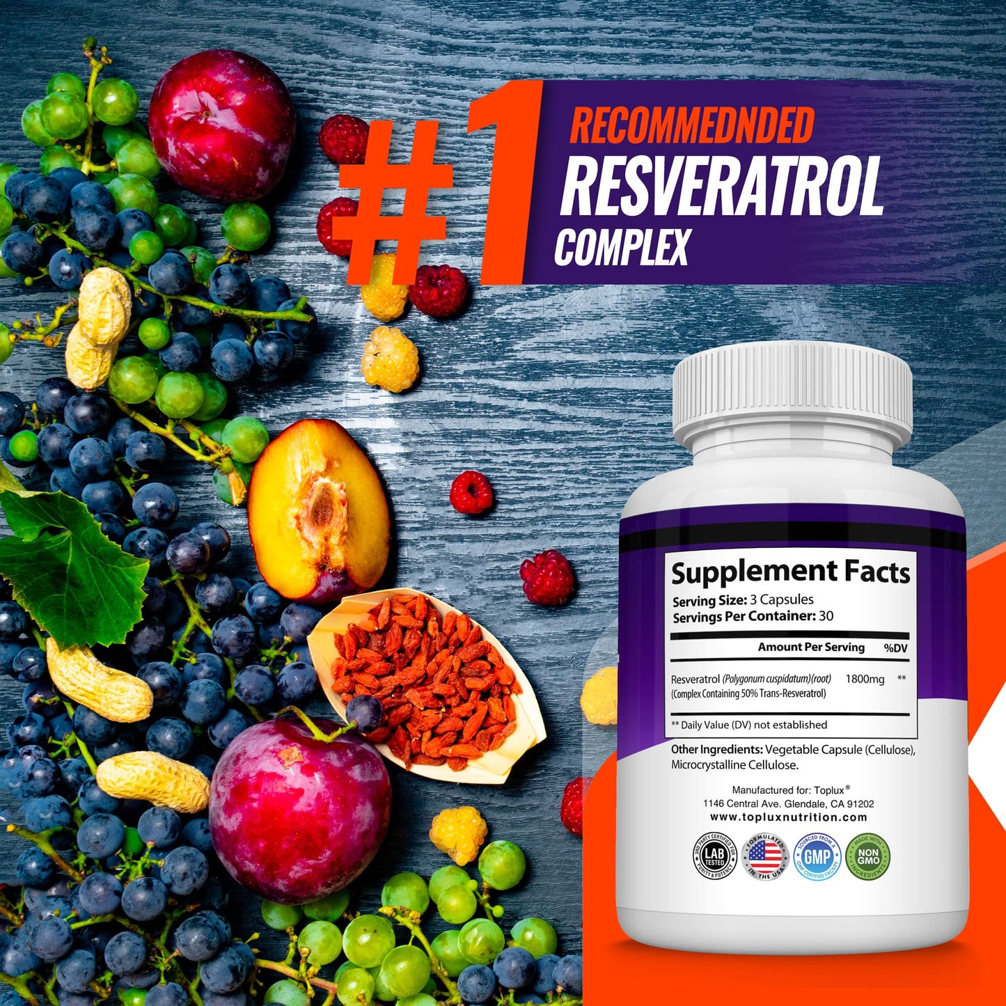 Toplux Resveratrol Supplement 1800 mg Antioxidant Complex - Highly Potent Natural Trans-Resveratrol Pills for Healthy Aging, Overall Health Support, Immune System, Brain Function, for Men Women, 90 Capsules