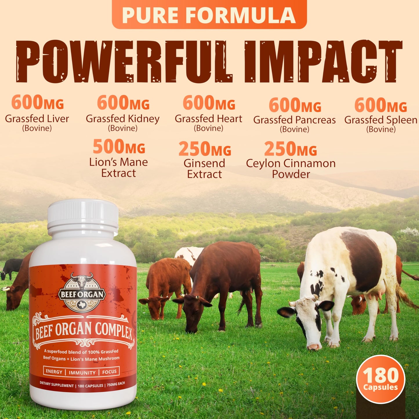 Ancient Diosa Grass Fed Beef Organ Complex 4000mg Supplement for Men & Women with Lion's Mane & Ceylon Cinnamon - Energy, Immunity & Focus - Pasture Raised, Third Party Tested & USA Made - 180 Capsules