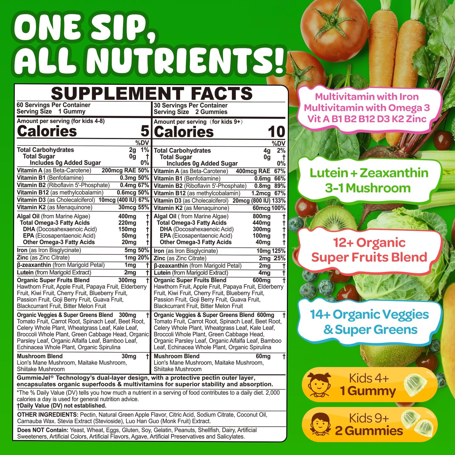 NEVISS Kids & Teens Multivitamin Gummies with Iron, Omega-3, D3, K2 – 120 Gummies
