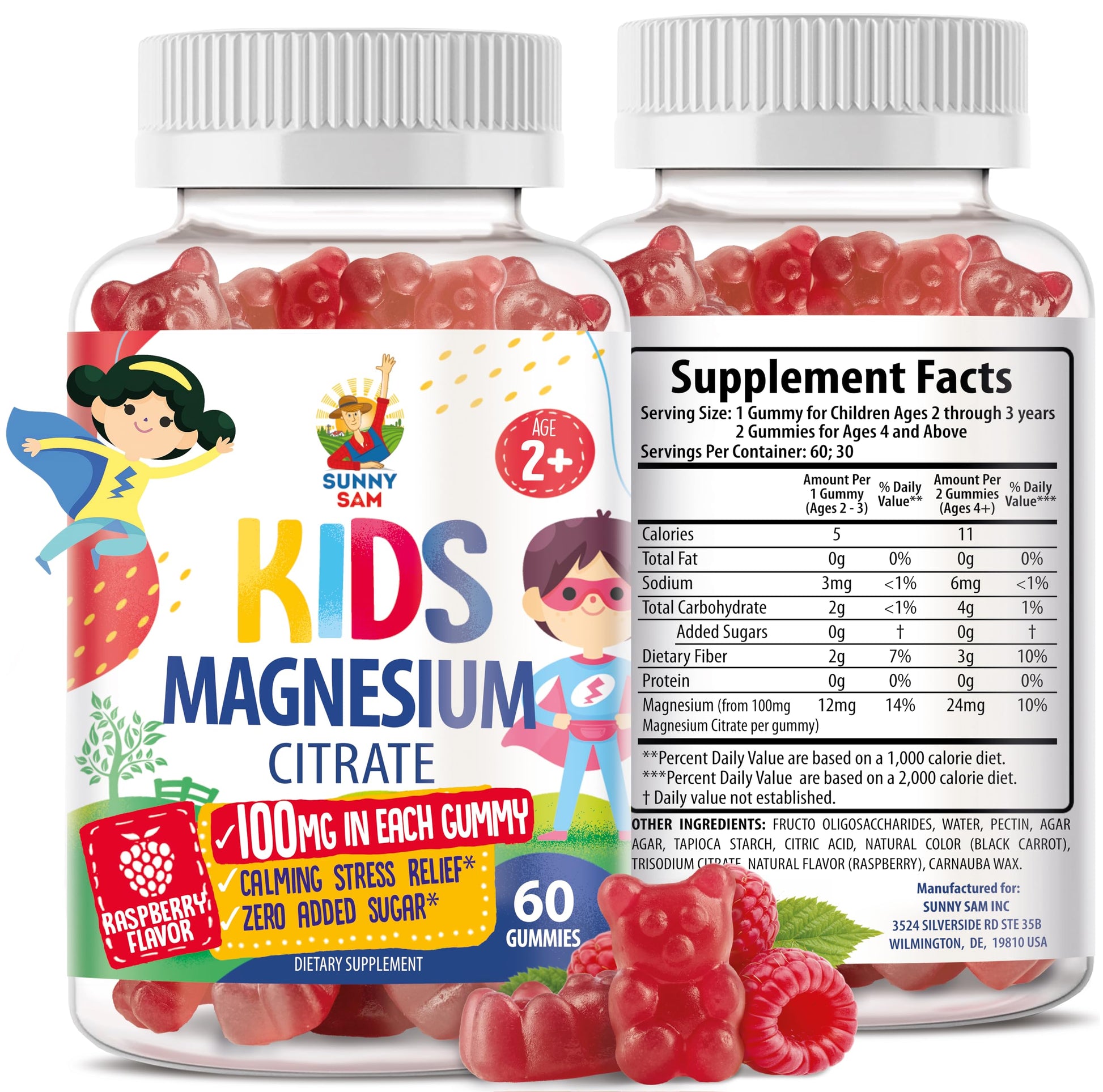 SUNNY SAM Magnesium Gummies for Kids & Adults 100mg Calming Magnesium Chews - Magnesium Citrate Chewable Supplement for Mood & Muscle Support - Citrato de Magnesio para Niños, 60 Gummies
