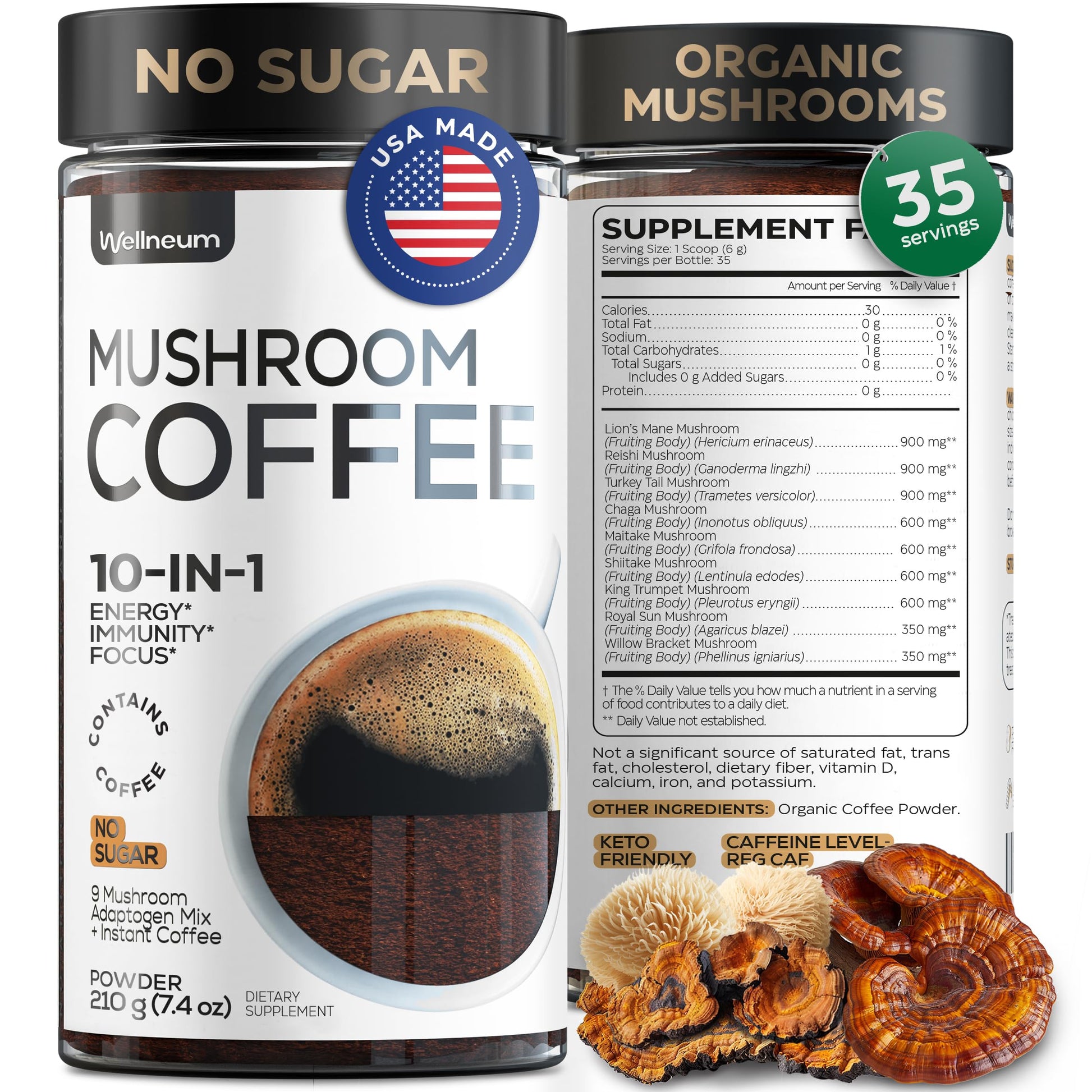 Wellneum Mushroom Coffee - French Roast Style Instant Coffee + Lion’s Mane 900mg for Focus + Reishi, Chaga & Turkey Tail - 10-in-1 Mushrooms Fruiting Body Adaptogen Blend, Sugar Free Powder, 7.4 Ounce (Pack of 1)