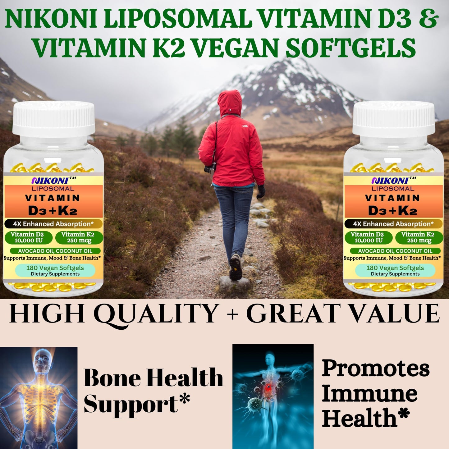 Nikoni Liposomal Vitamin D3 10000 IU & Vitamin K2 (MK-7) 250 mcg Softgels, 180 Count