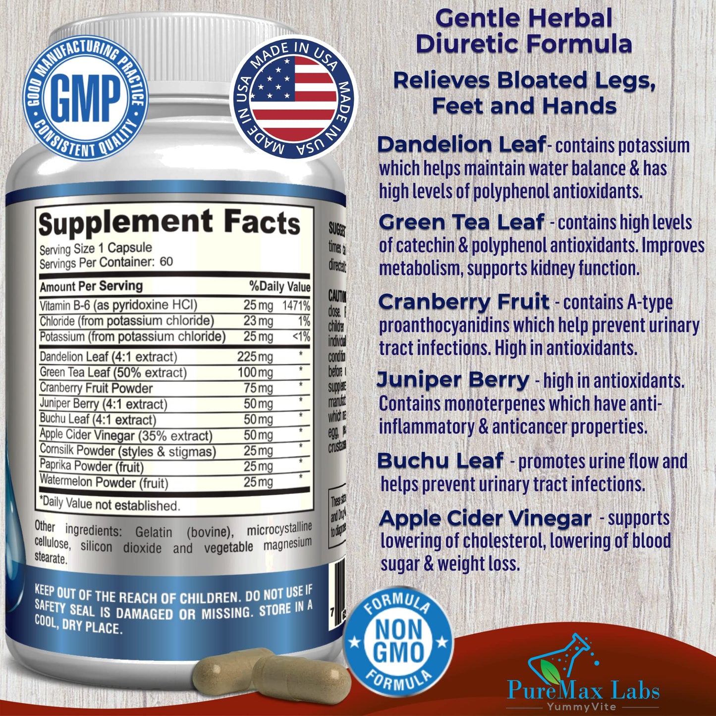 YUMMYVITE Water Away Gentle Herbal Diuretic Capsules, 60 Count