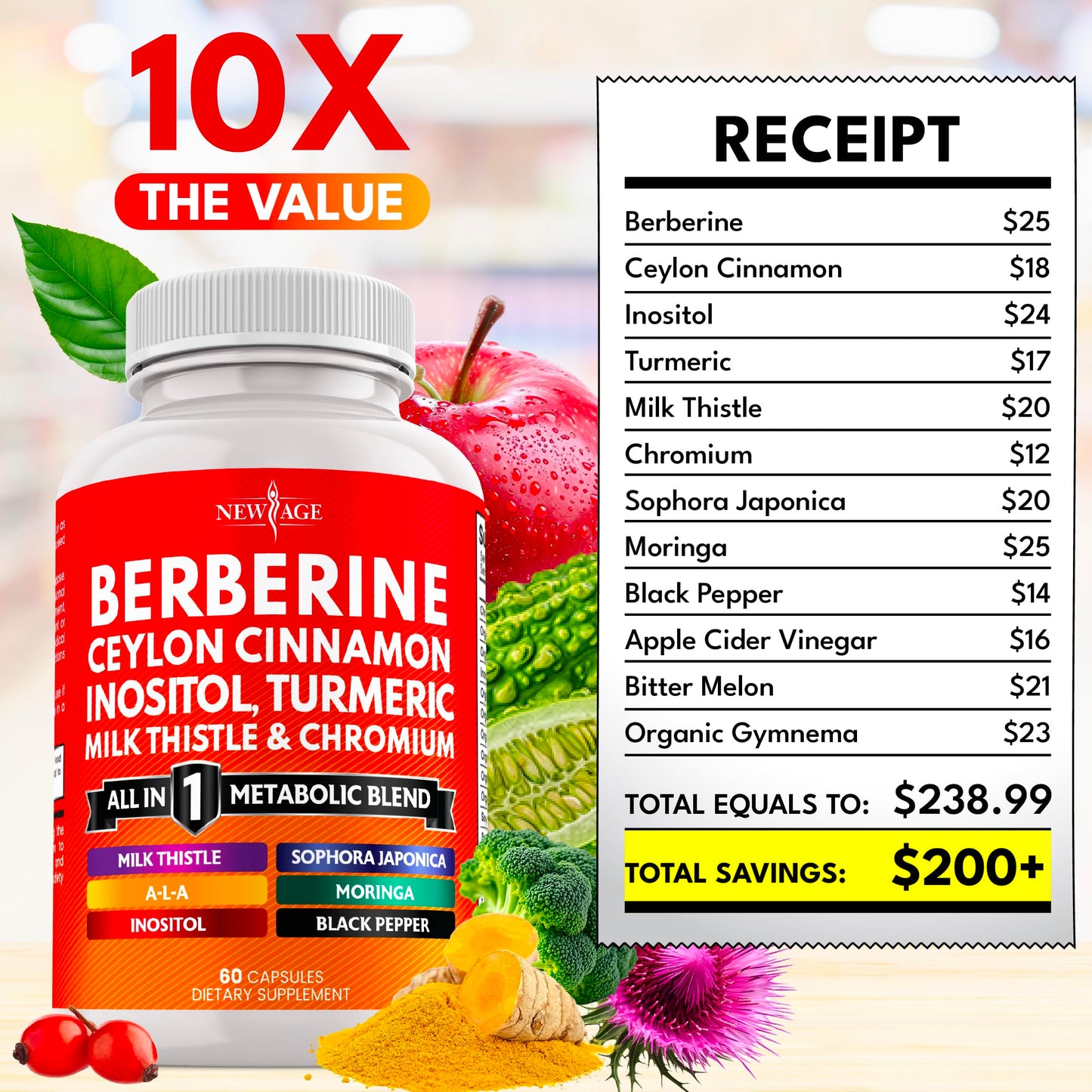 NEW AGE Berberine and Ceylon Cinnamon Supplement Capsules 60 Count