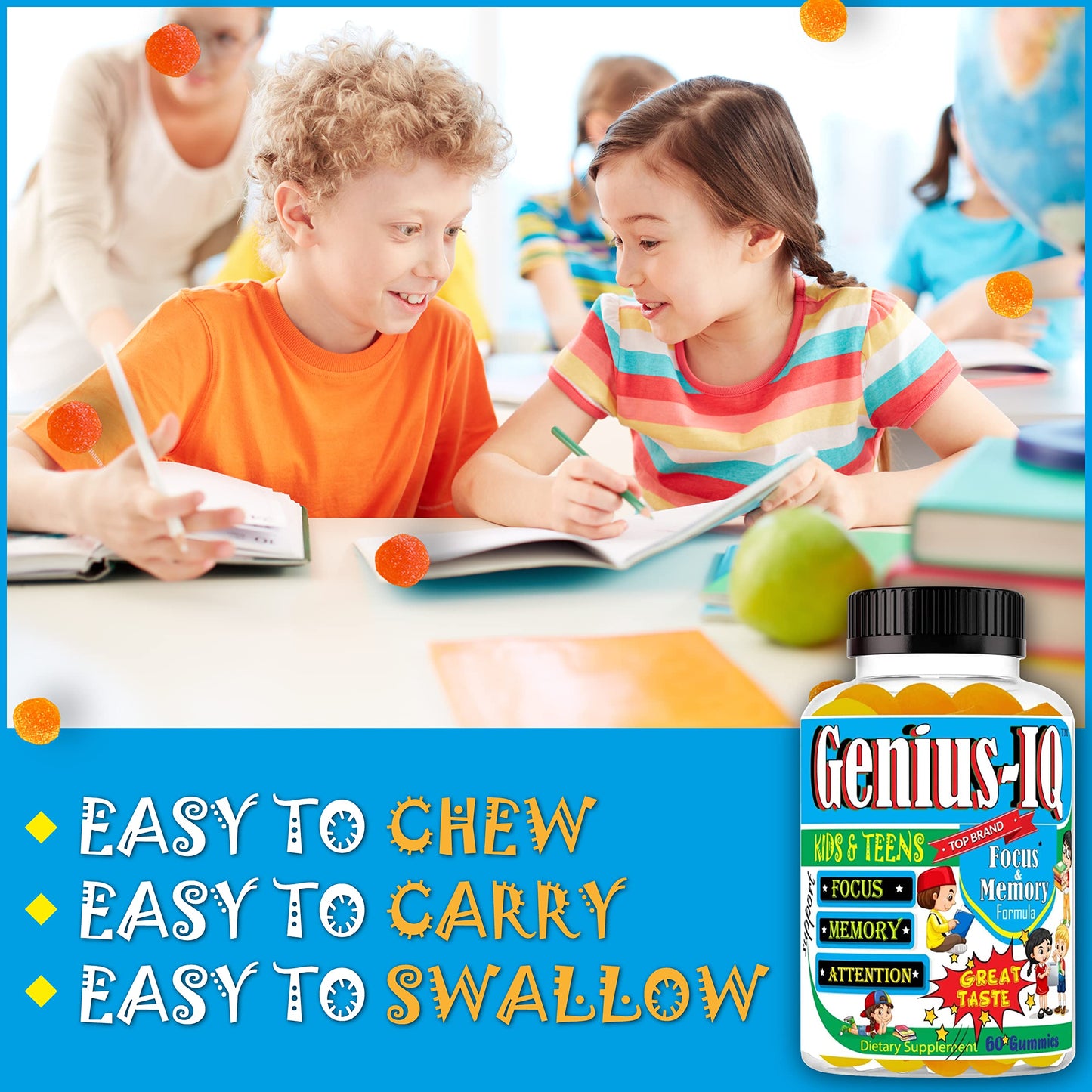 Celebrity LifeStyle Product Genius IQ Kids Brain Supplements for Memory and Focus Omega 3-6-9, EPA DHA Gummy Vitamins, 60 Gummies