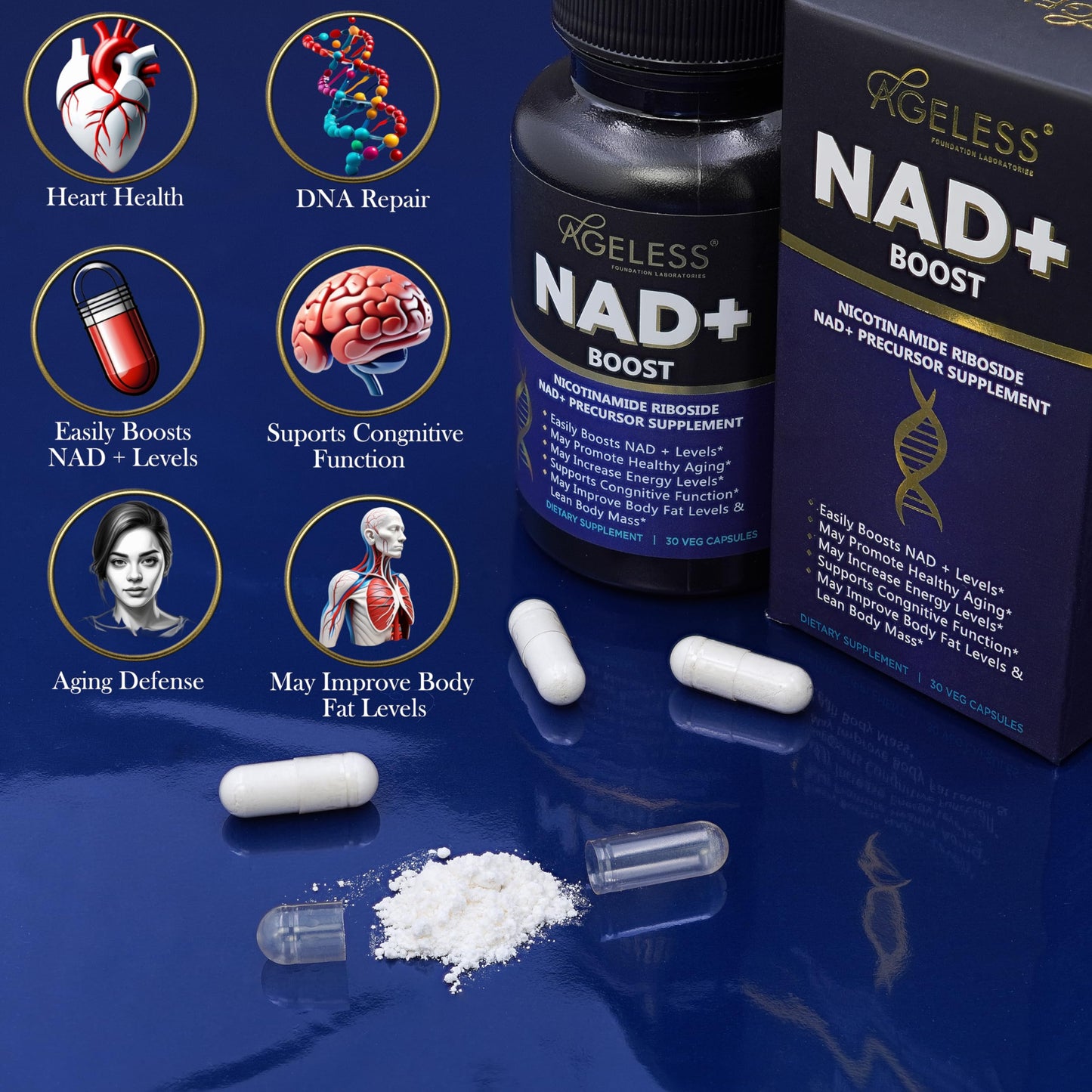 Ageless Foundation Laboratories NAD+ Supplements Nicotinamide Riboside Chloride 300mg Capsule, 30 Capsules