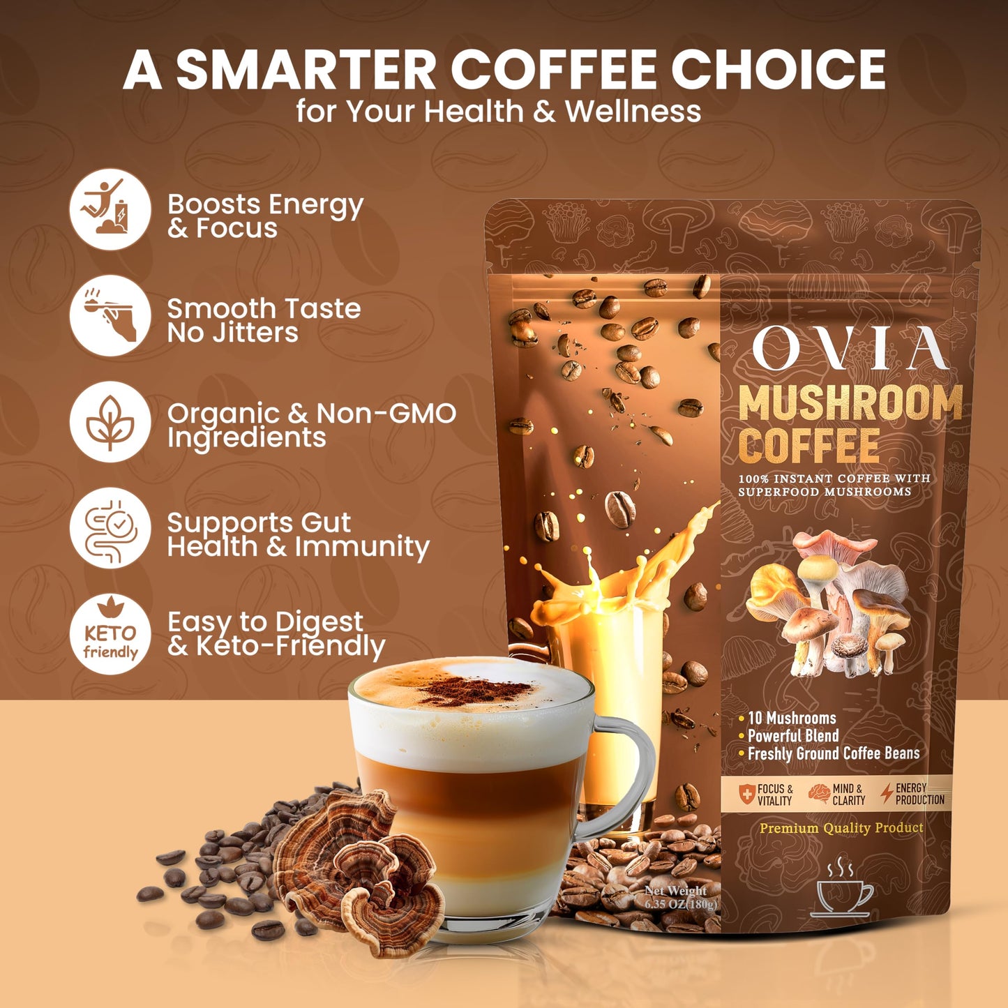 OVIA Ten Mushroom Coffee Powder, 6.35 Ounce - Low Caffeine Adaptogenic Instant Coffee with Lion’s Mane & Chaga