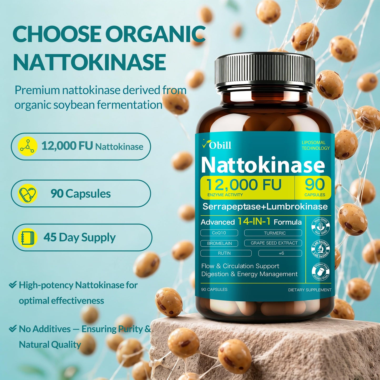 Obill NuTrance Nattokinase Supplement 12,000 FU (Max Strength) Serrapeptase & Lumbrokinase Capsules, 90 Count