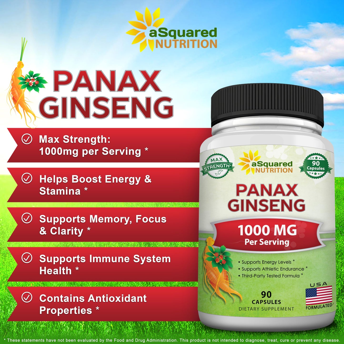 aSquared Nutrition Natural Korean Panax Ginseng 1000mg Max Strength Capsules 90 Count