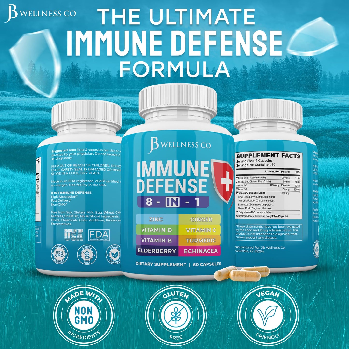 JB Wellness Co Immune Support 8 in 1 Capsules, 120 Capsules